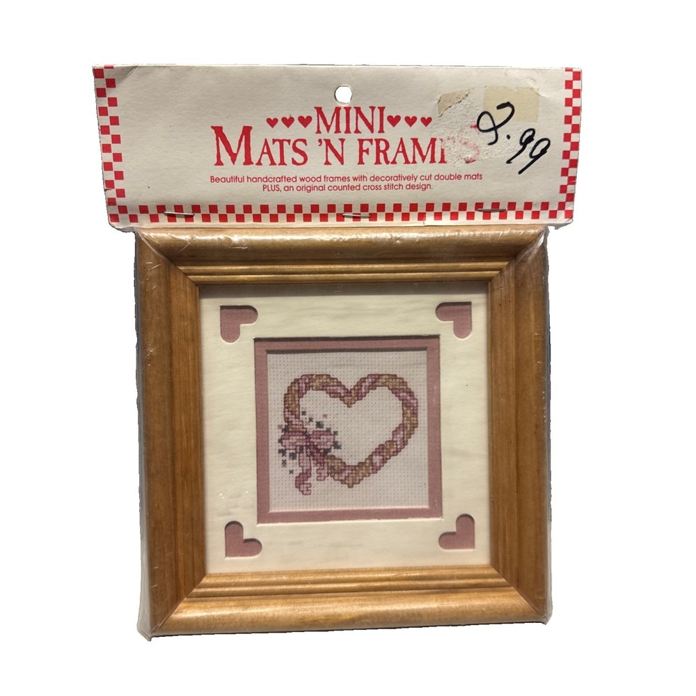Vintage Heart Cross Stitch 6x6" Wood Frame Original Shabby Cottage No Glass NEW